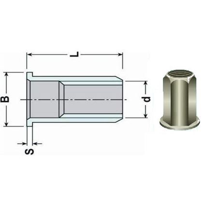 Blindnietmutter OFFEN M5x14 VERZINKT Falchkopf, Sechskantschaft (s= 0.5-3.0 mm)