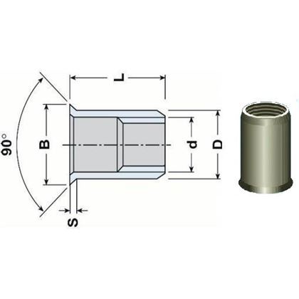 Blindnietmutter OFFEN M8x16 A4 EDELSTAHL Kleiner Senkkopf, Rundschaft (s= 0.5-3.0 mm)