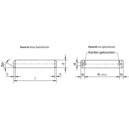 6h11x40x33.6 A2 EDELSTAHL Bolzen ohne Kopf mit Löcher 1.6H12 DIN 1443 B