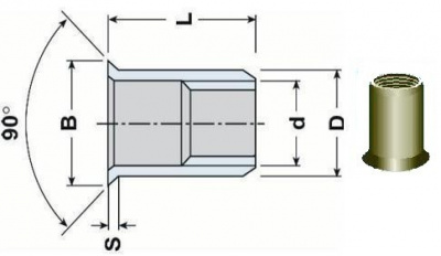 Blindnietmutter OFFEN M8x17.5 A2 EDELSTAHL Senkkopf, Rundschaft (s= 1.5-4.5 mm)